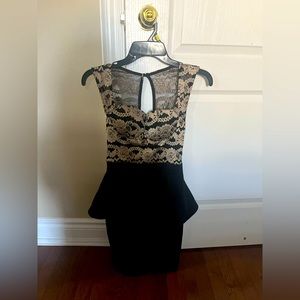 Occasion Dress. Black mini skirt attached gold and black lace bustier top padded